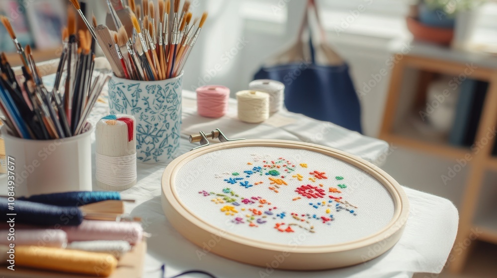 A cozy nook with embroidery hoops and threads arranged for cross-stitching, An inviting indoor space filled with supplies for cross-stitching, Artistic needlework style A cozy nook with embroidery hoops and threads arranged for cross-stitching, An inviting indoor space filled with supplies for cross-stitching, Artistic needlework style