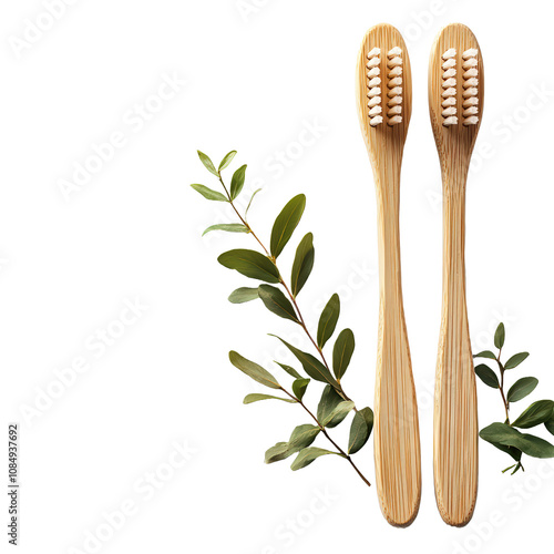  Eco-friendly bamboo toothbrushes on a white background. photo