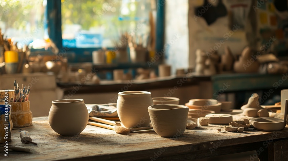 A cozy pottery studio with clay pots and sculpting tools on a wooden table, Ceramic artworks in various stages of completion, Artisanal pottery style A cozy pottery studio with clay pots and sculpting tools on a wooden table, Ceramic artworks in various stages of completion, Artisanal pottery style