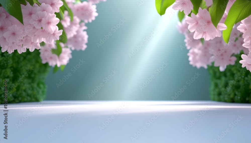 Soft pink flowers framing a serene pathway illuminated by gentle sunlight Soft pink flowers framing a serene pathway illuminated by gentle sunlight