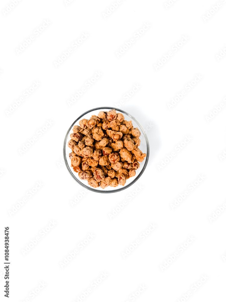 Kacang telur or peanut wrapped in four, eggs, and spices. Its taste is savory, sweet, and crunchy. Served on bowl. Close-up on isolated white background Kacang telur or peanut wrapped in four, eggs, and spices. Its taste is savory, sweet, and crunchy. Served on bowl. Close-up on isolated white background