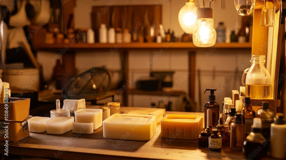 A cozy room with a detailed setup for making homemade soap, including molds, essential oils A cozy room with a detailed setup for making homemade soap, including molds, essential oils