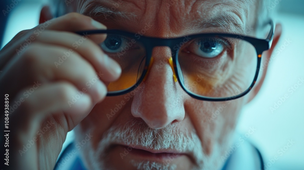 Close-up of a Senior Man Adjusting His Glasses with a Serious Expression Close-up of a Senior Man Adjusting His Glasses with a Serious Expression