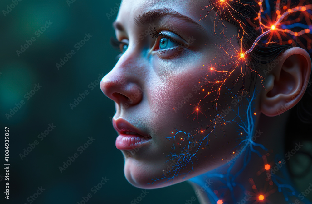 portrait of a girl with Abstract microscopic neural connections mycelium background nervous mind brain system meaning portrait of a girl with Abstract microscopic neural connections mycelium background nervous mind brain system meaning