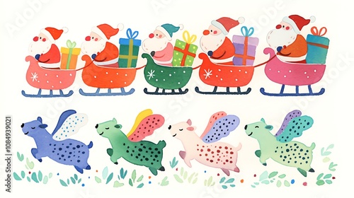 Christmas Festival. Festive Santa sleighs with colorful reindeer