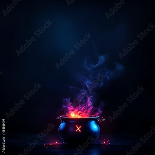 Mystical cauldron with colorful smoke on dark background, perfect for fantasy themes.