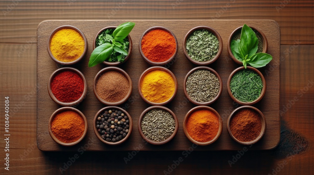 Top view of various spices and herbs on dark wood background. Top view of various spices and herbs on dark wood background.