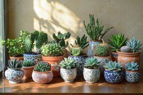 Wallpaper Mural A row of potted plants sit on a wooden table Torontodigital.ca