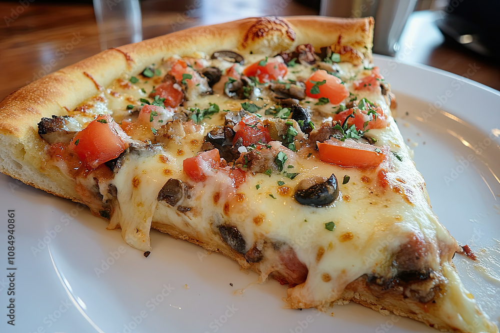 A slice of deep-dish pizza loaded with cheese and toppings A slice of deep-dish pizza loaded with cheese and toppings