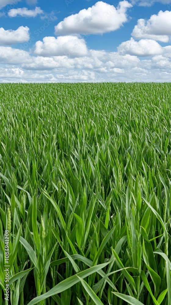 Lush Green Wheat Field Under Blue Sky with Fluffy Clouds Lush Green Wheat Field Under Blue Sky with Fluffy Clouds