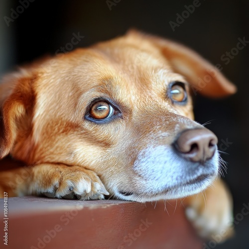 Calm dog relaxing indoors home environment portrait image cozy atmosphere close-up pet emotions and behavior photo