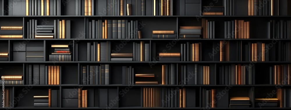 A black bookshelf with many books on it A black bookshelf with many books on it