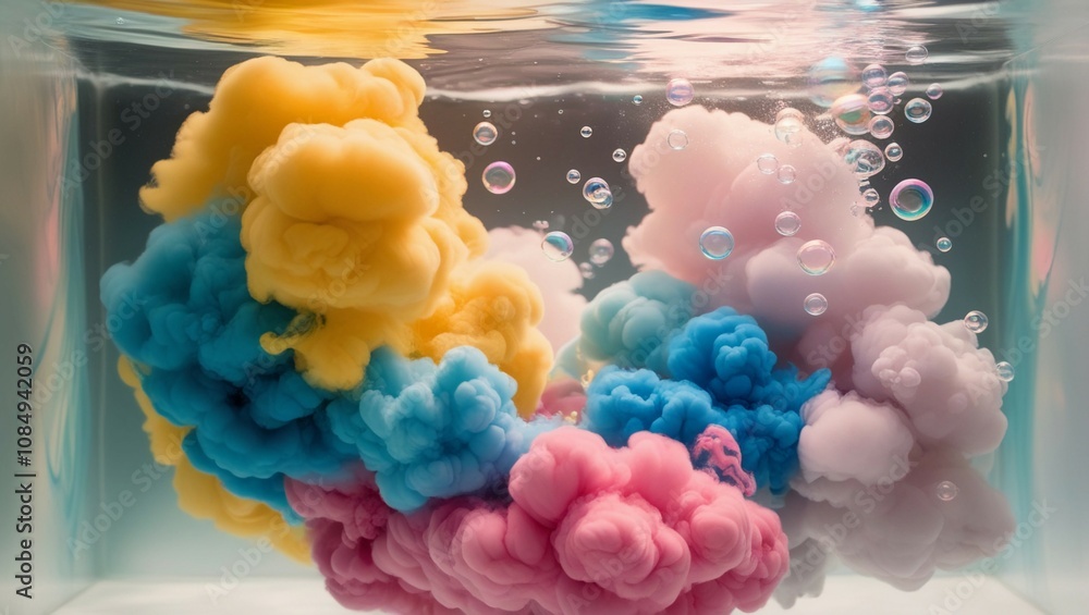 Obraz premium Vibrant Abstract Art: Swirling Yellow, Blue, and Pink Ink with White Bubbles Creating a Marbled Underwater Effect