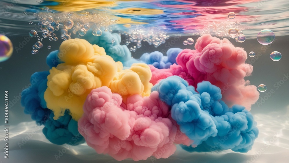Obraz premium Vibrant Abstract Art: Swirling Yellow, Blue, and Pink Ink with White Bubbles Creating a Marbled Underwater Effect
