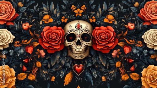chicano patterns, Artistic Skull and Rose Pattern Design