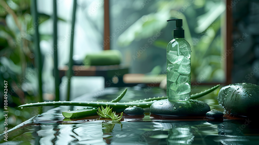 Fototapeta premium Refreshing Aloe Vera Gel Bottle with Natural Background