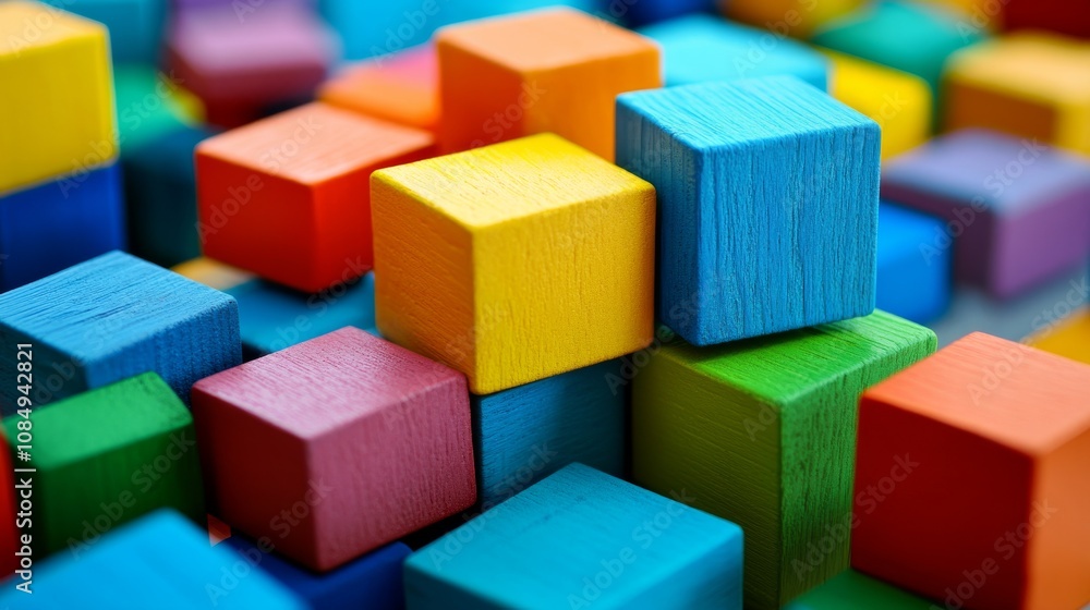 A creative block-building setup with artistically arranged colorful bricks, Contemporary construction style, photo of A creative block-building setup with artistically arranged colorful bricks, Contemporary construction style, photo of