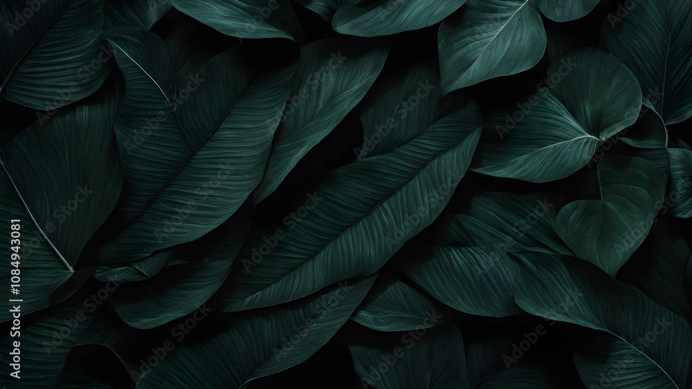 A close up of green leaves with a dark background A close up of green leaves with a dark background