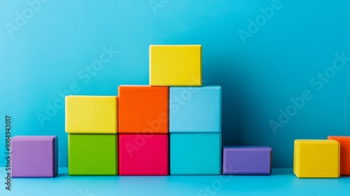 A creative block-building setup with artistically arranged colorful bricks, Contemporary construction style, photo of