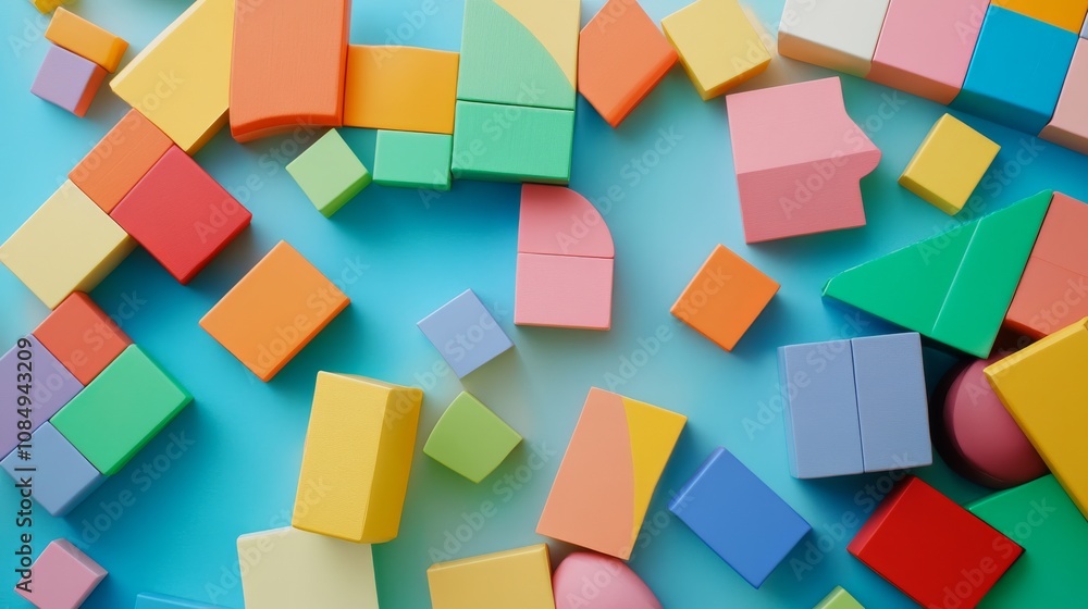 A creative building blocks scene in a children's playroom, Blocks arranged in a whimsical pattern, Playful imagination style A creative building blocks scene in a children's playroom, Blocks arranged in a whimsical pattern, Playful imagination style