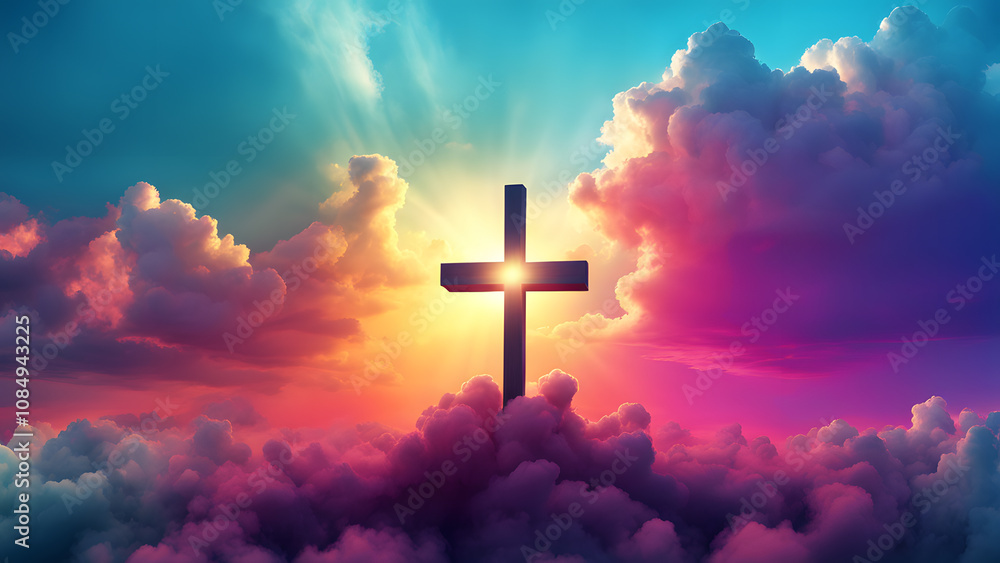 A colorful cross is in the sky above a cloudy sky A colorful cross is in the sky above a cloudy sky