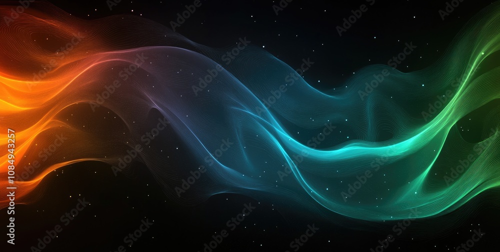 Fototapeta premium Abstract Gradient Background with Blue, Orange, and Teal Colors on Black, Grainy Texture and Blurred Color Wave in Flat Vector Style