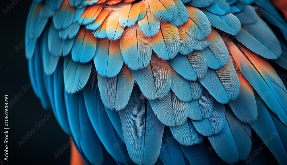 Obraz premium The feathers of a bird are shown in full color, with a blue and orange hue