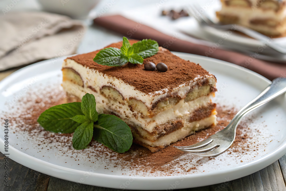 A slice of tiramisu with layers of coffee-soaked ladyfingers and creamy mascarpone, topped with a dusting of cocoa powder. A slice of tiramisu with layers of coffee-soaked ladyfingers and creamy mascarpone, topped with a dusting of cocoa powder.