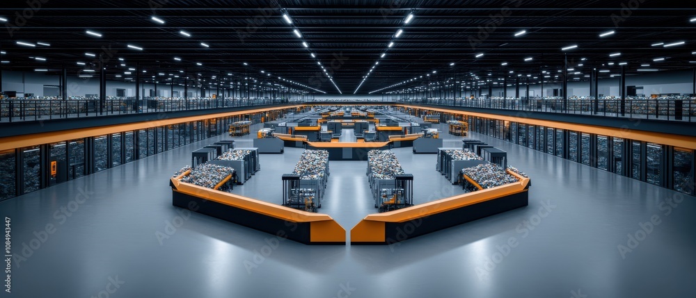 A modern, expansive warehouse interior featuring organized storage areas and clear pathways, showcasing efficient logistics and inventory management. A modern, expansive warehouse interior featuring organized storage areas and clear pathways, showcasing efficient logistics and inventory management.