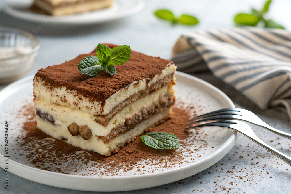 A slice of tiramisu with layers of coffee-soaked ladyfingers and creamy mascarpone, topped with a dusting of cocoa powder. A slice of tiramisu with layers of coffee-soaked ladyfingers and creamy mascarpone, topped with a dusting of cocoa powder.