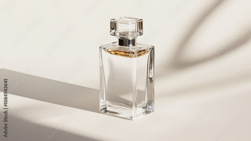 clear glass perfume bottle with square shape and stylish cap, casting soft shadow on light surface, evokes elegance and sophistication clear glass perfume bottle with square shape and stylish cap, casting soft shadow on light surface, evokes elegance and sophistication