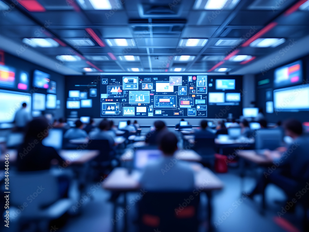 Fototapeta premium A modern, high tech classroom filled with screens displaying various educational content. The room should blur into abstract pixels, leaving the screens in focus.