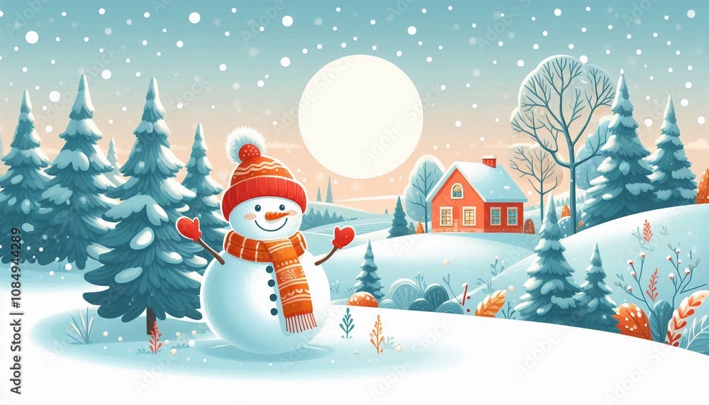 Obraz premium Winter Illustration with Snowman and Classic House