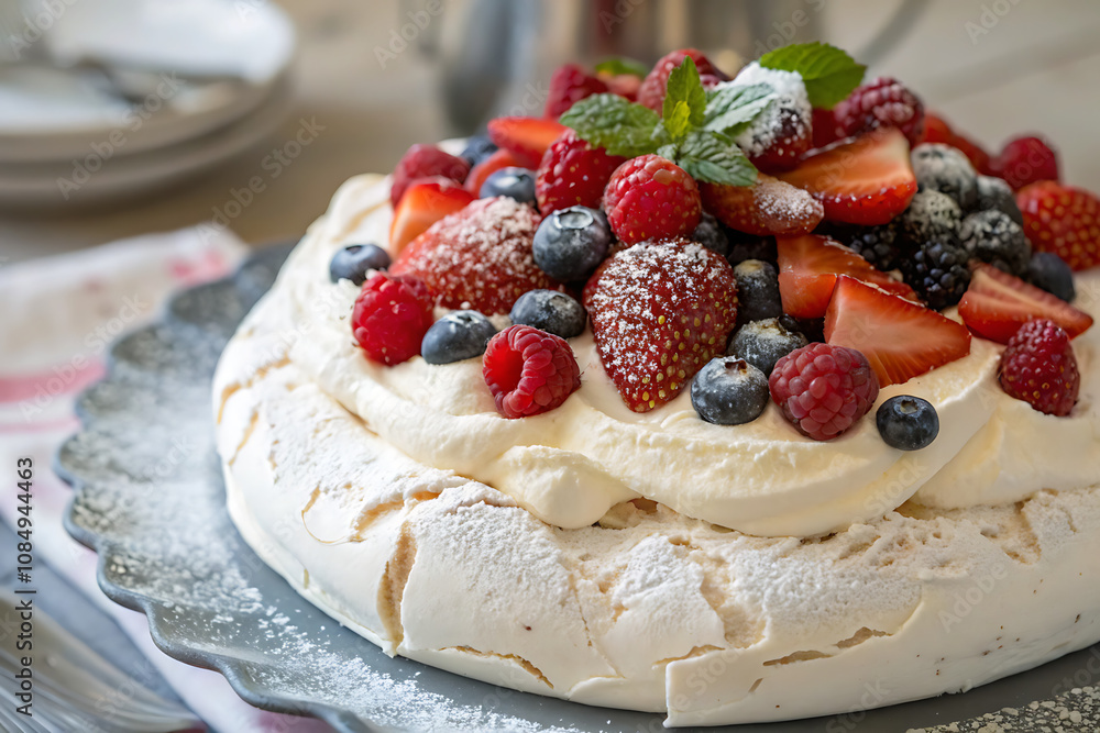 A beautiful pavlova topped with a cloud of whipped cream and an assortment of fresh berries, including strawberries, raspberries, and blueberries. A beautiful pavlova topped with a cloud of whipped cream and an assortment of fresh berries, including strawberries, raspberries, and blueberries.