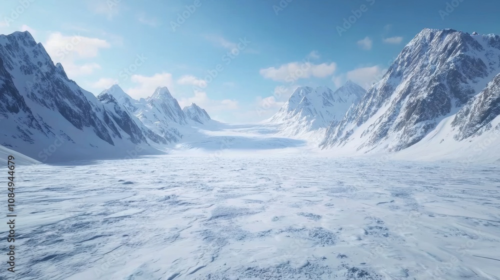 Fototapeta premium A breathtaking view of a snowy landscape featuring majestic mountains and a vast glacier under a clear blue sky.