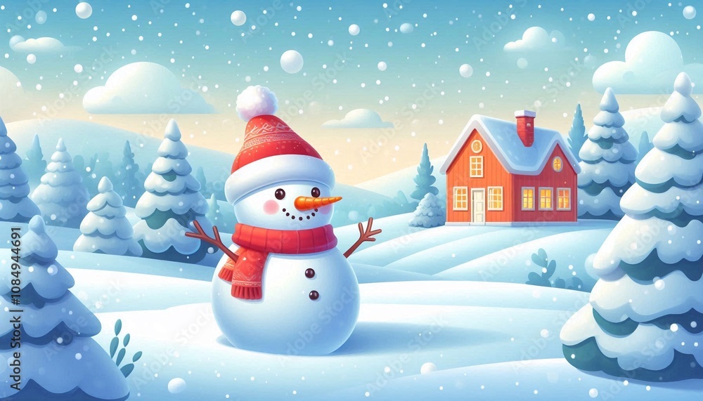 Obraz premium Winter Illustration with Snowman and Classic House
