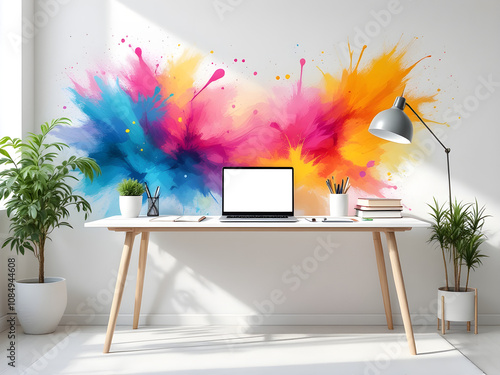 An image featuring a modern, sleek desk in a minimalistic environment with an abstract splash of vibrant colors in the background. photo