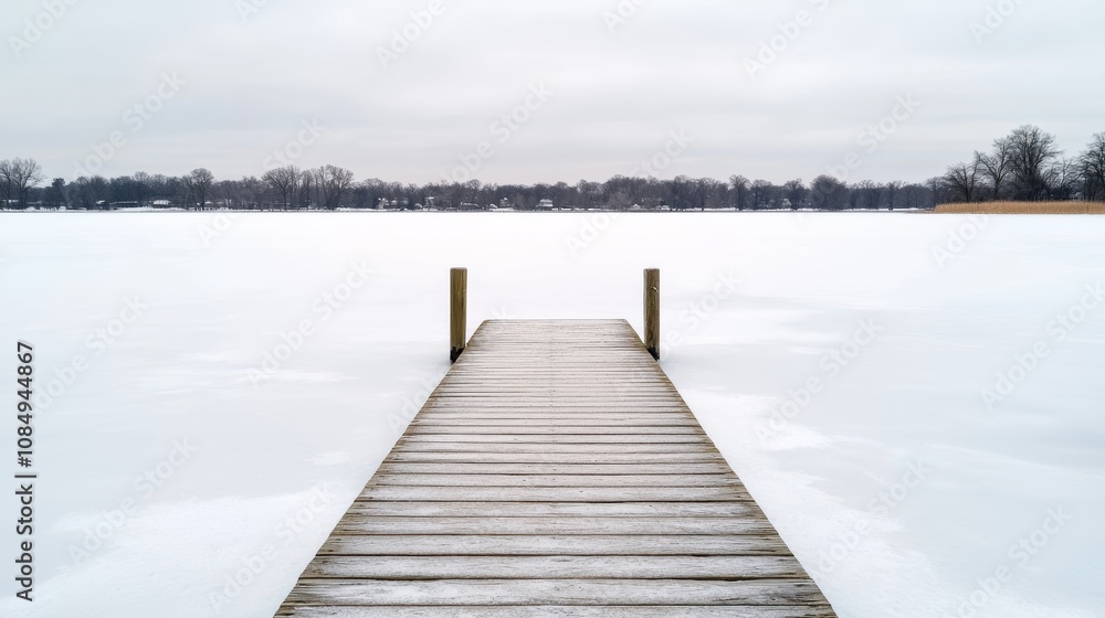 Naklejka premium A serene winter scene featuring a snow-covered dock extending into a frozen lake, surrounded by a tranquil, wintry landscape.