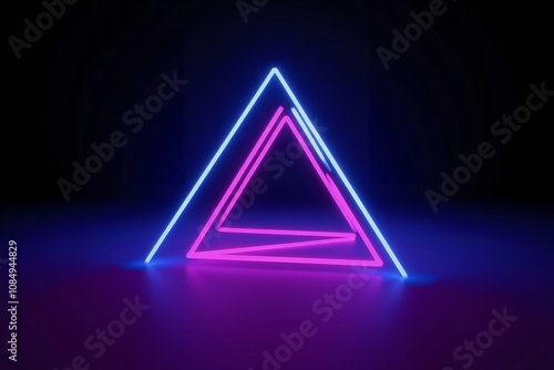 Pyramid of neon beams, triangular shape, dark background. Cyber Monday, Black Friday, Super Saturday. For posters, banners, backgrounds. Place for product 