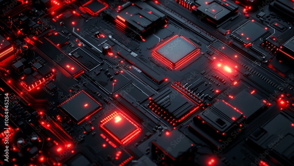 A close up of a computer chip with red lights A close up of a computer chip with red lights