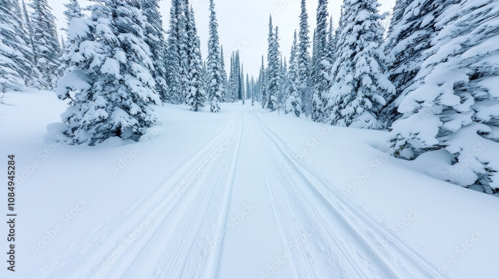A snow-covered path winds through a serene forest of evergreen trees, creating a tranquil winter landscape. A snow-covered path winds through a serene forest of evergreen trees, creating a tranquil winter landscape.