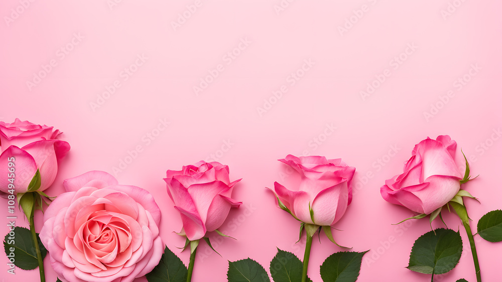 Pink roses are arranged in a row on a pink background Pink roses are arranged in a row on a pink background