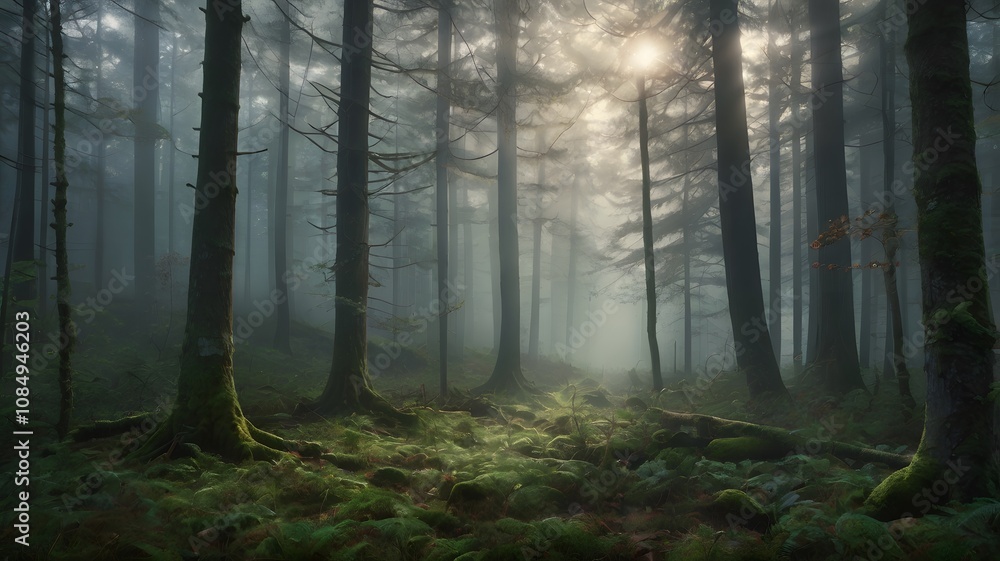 Obraz premium Ethereal mountain view with dense fog and peaceful natural scenery