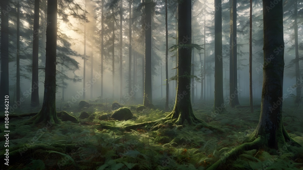 Ethereal mountain view with dense fog and peaceful natural scenery Ethereal mountain view with dense fog and peaceful natural scenery