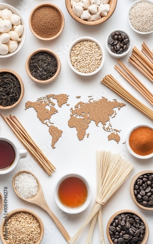 A vibrant food arrangement featuring global ingredients and a world map design.