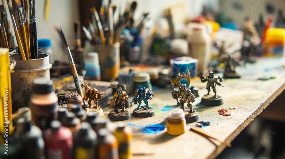 A detailed miniature painting setup in a well-lit room, Paints and tiny figurines systematically arranged, Intricate hobby style A detailed miniature painting setup in a well-lit room, Paints and tiny figurines systematically arranged, Intricate hobby style