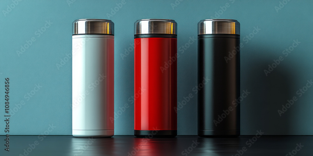White, Black, Red and Silver Empty Glossy Metal Thermos Water Bottle White, Black, Red and Silver Empty Glossy Metal Thermos Water Bottle