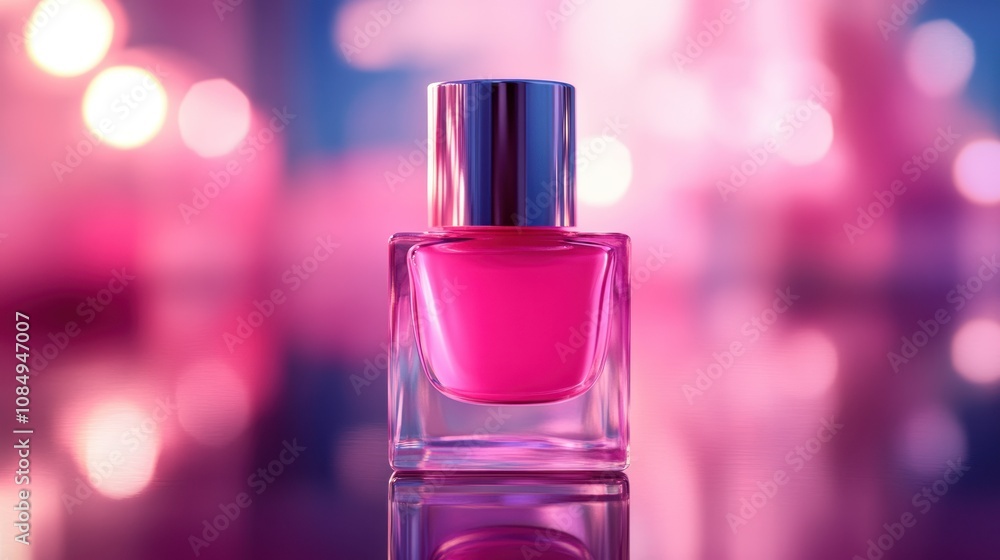 Pink Nail Polish Bottle on a Reflective Surface with Blurred Pink and Blue Lights Pink Nail Polish Bottle on a Reflective Surface with Blurred Pink and Blue Lights