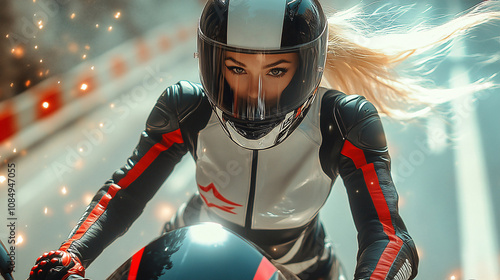 A female race driver wearing an F1-style helmet and a white racing suit with red details is riding her  motorcycle on the track, 