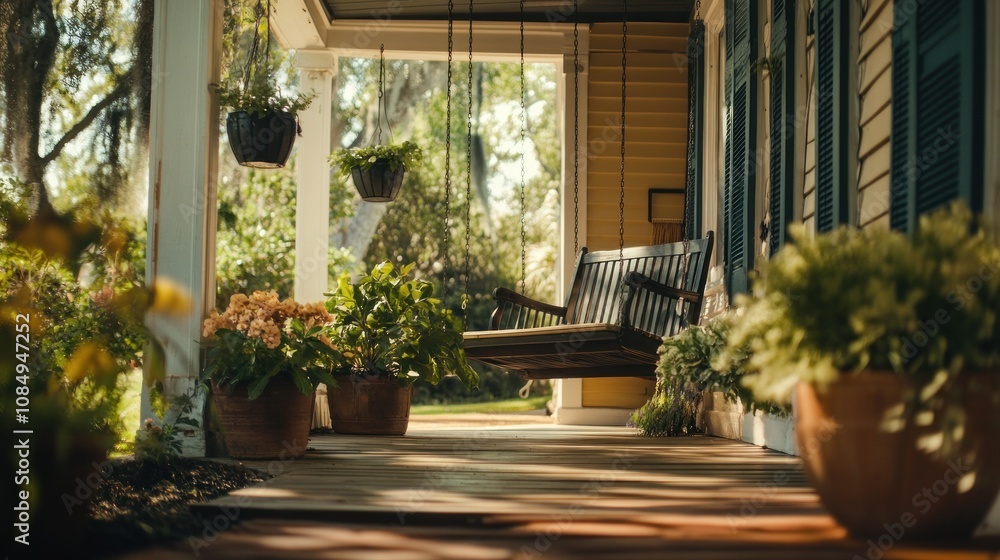 A Porch Swing on a Sunny Day with Hanging Plants and Potted Flowers A Porch Swing on a Sunny Day with Hanging Plants and Potted Flowers